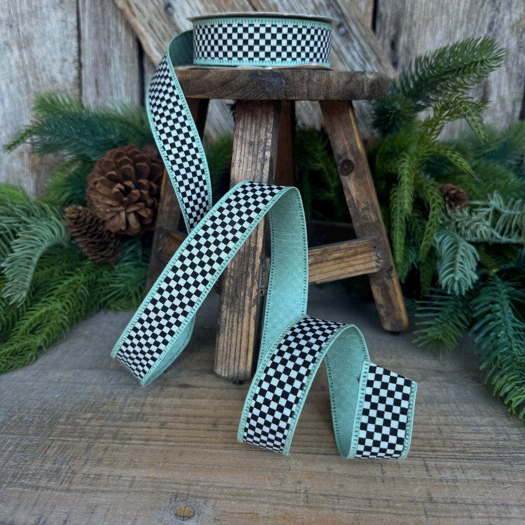 1" Black White Check Ribbon with Mint Green Trim