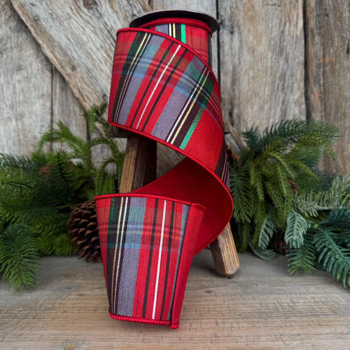 4" Traditional Christmas Plaid Ribbon, Wired Ribbon, Red Blue Chirstmas Plaid RIbbon