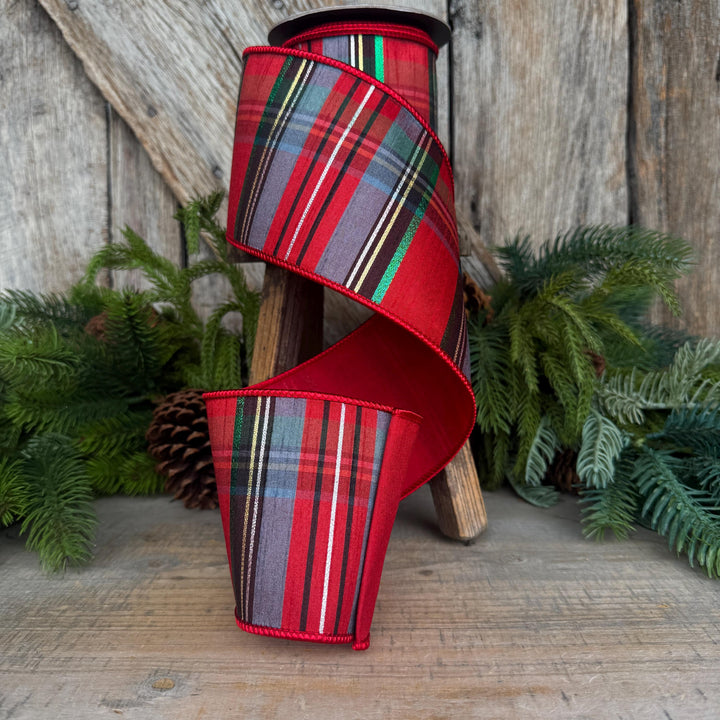4" Traditional Christmas Plaid Ribbon, Wired Ribbon, Red Blue Chirstmas Plaid RIbbon