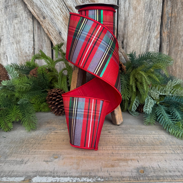 4" Traditional Christmas Plaid Ribbon, Wired Ribbon, Red Blue Chirstmas Plaid RIbbon
