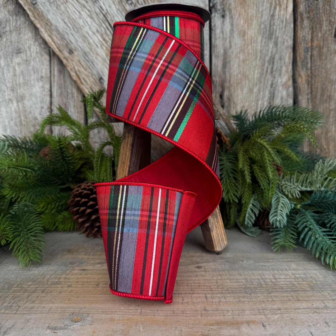 4" Traditional Christmas Plaid Ribbon, Wired Ribbon, Red Blue Chirstmas Plaid RIbbon