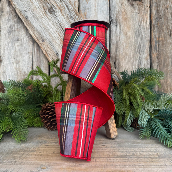 4" Traditional Christmas Plaid Ribbon, Wired Ribbon, Red Blue Chirstmas Plaid RIbbon