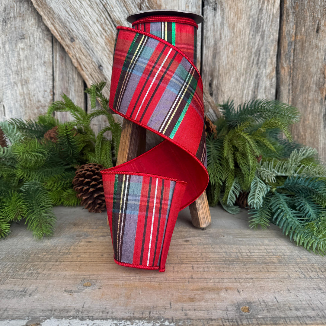 4" Traditional Christmas Plaid Ribbon, Wired Ribbon, Red Blue Chirstmas Plaid RIbbon