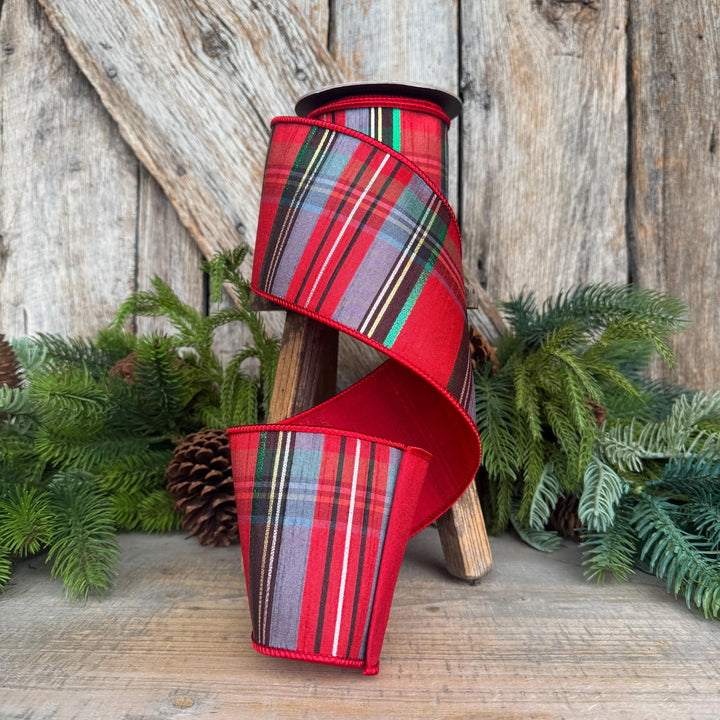 4" Traditional Christmas Plaid Ribbon, Wired Ribbon, Red Blue Chirstmas Plaid RIbbon