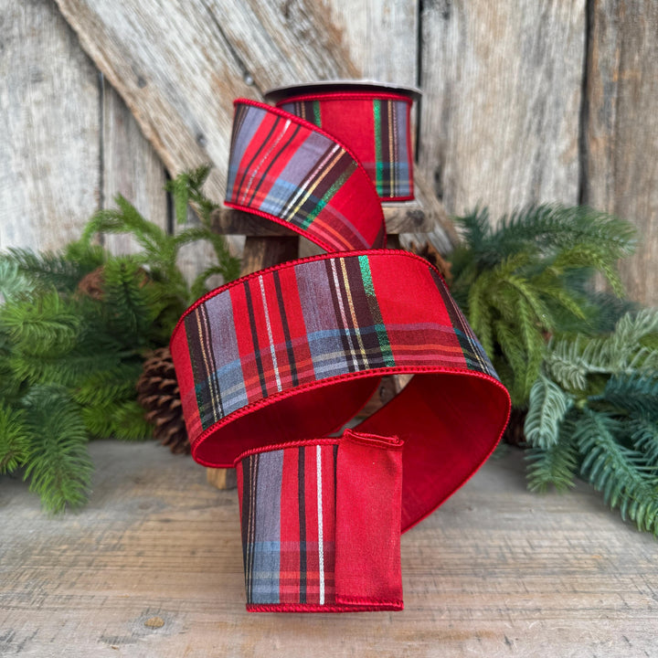2.5" Traditional Christmas Plaid Ribbon, Wired Ribbon, Red Blue Chirstmas Plaid RIbbon
