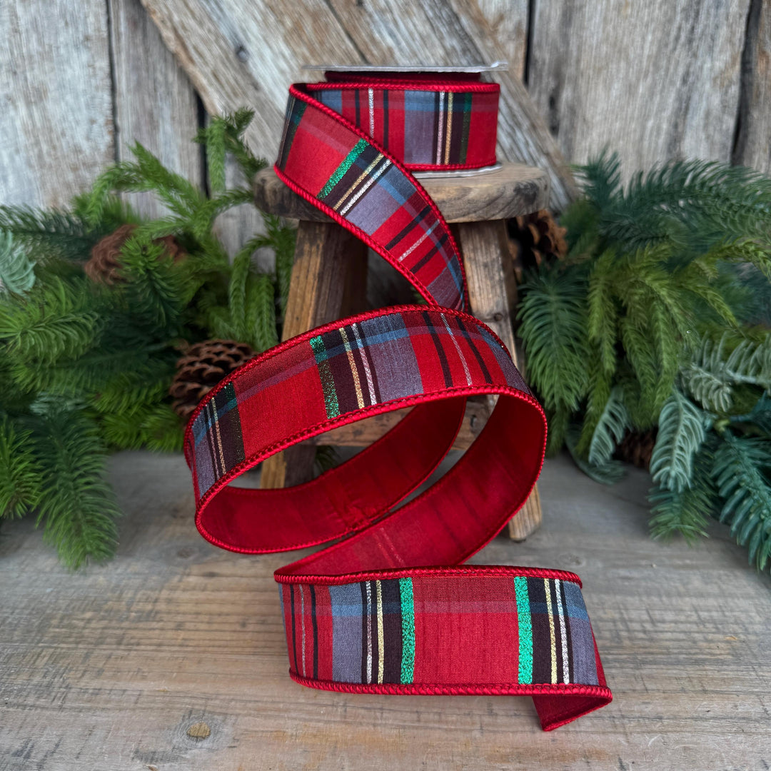 1.5" Traditional Christmas Plaid Ribbon, Wired Ribbon, Red Blue Chirstmas Plaid RIbbon