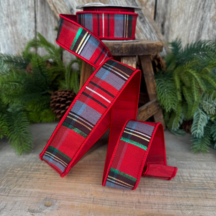 1.5" Traditional Christmas Plaid Ribbon, Wired Ribbon, Red Blue Chirstmas Plaid RIbbon