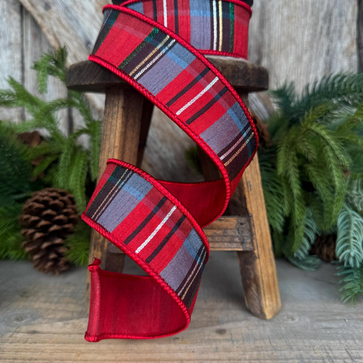 1.5" Traditional Christmas Plaid Ribbon, Wired Ribbon, Red Blue Chirstmas Plaid RIbbon