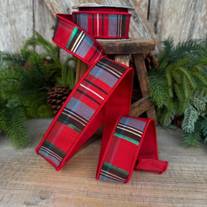 1.5" Traditional Christmas Plaid Ribbon, Wired Ribbon, Red Blue Chirstmas Plaid RIbbon