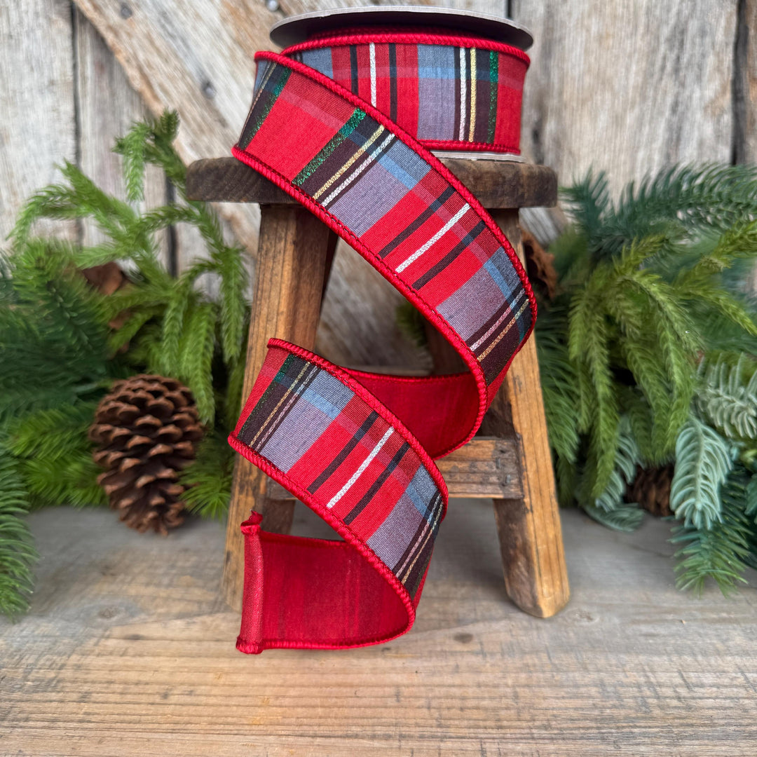 1.5" Traditional Christmas Plaid Ribbon, Wired Ribbon, Red Blue Chirstmas Plaid RIbbon