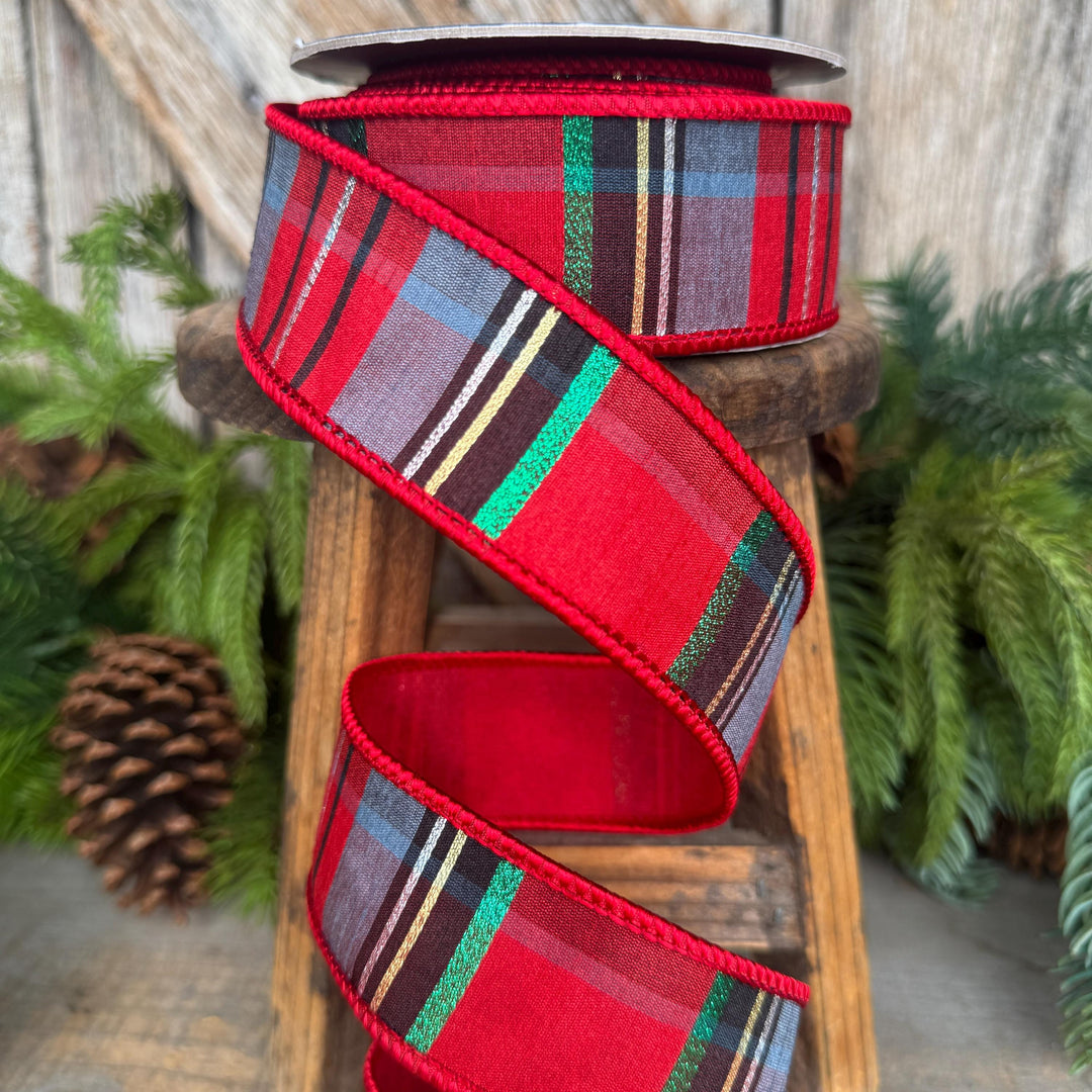 1.5" Traditional Christmas Plaid Ribbon, Wired Ribbon, Red Blue Chirstmas Plaid RIbbon