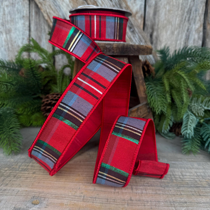 1.5" Traditional Christmas Plaid Ribbon, Wired Ribbon, Red Blue Chirstmas Plaid RIbbon