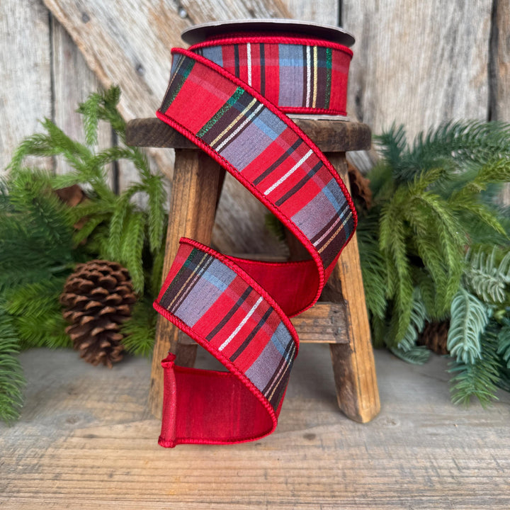 1.5" Traditional Christmas Plaid Ribbon, Wired Ribbon, Red Blue Chirstmas Plaid RIbbon