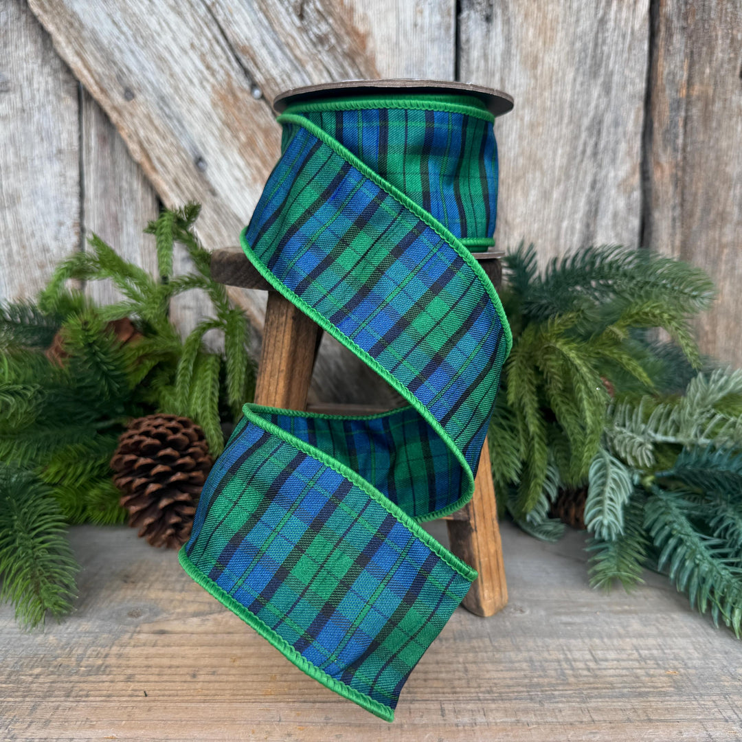 2.5" Blue Green Christmas Plaid Ribbon, Black Watch Plaid Ribbon, Navy Blue Plaid