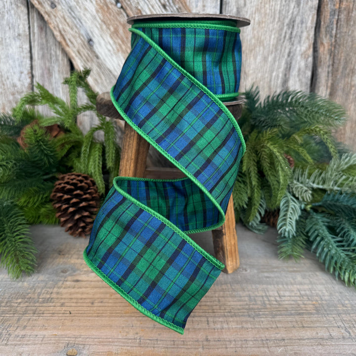 2.5" Blue Green Christmas Plaid Ribbon, Black Watch Plaid Ribbon, Navy Blue Plaid
