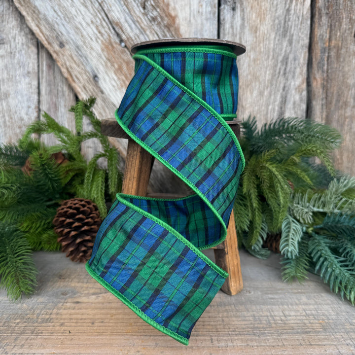 2.5" Blue Green Christmas Plaid Ribbon, Black Watch Plaid Ribbon, Navy Blue Plaid