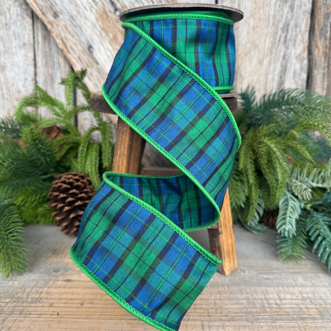2.5" Blue Green Christmas Plaid Ribbon, Black Watch Plaid Ribbon, Navy Blue Plaid
