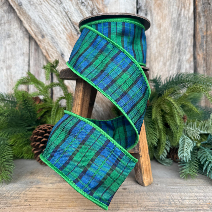 2.5" Blue Green Christmas Plaid Ribbon, Black Watch Plaid Ribbon, Navy Blue Plaid