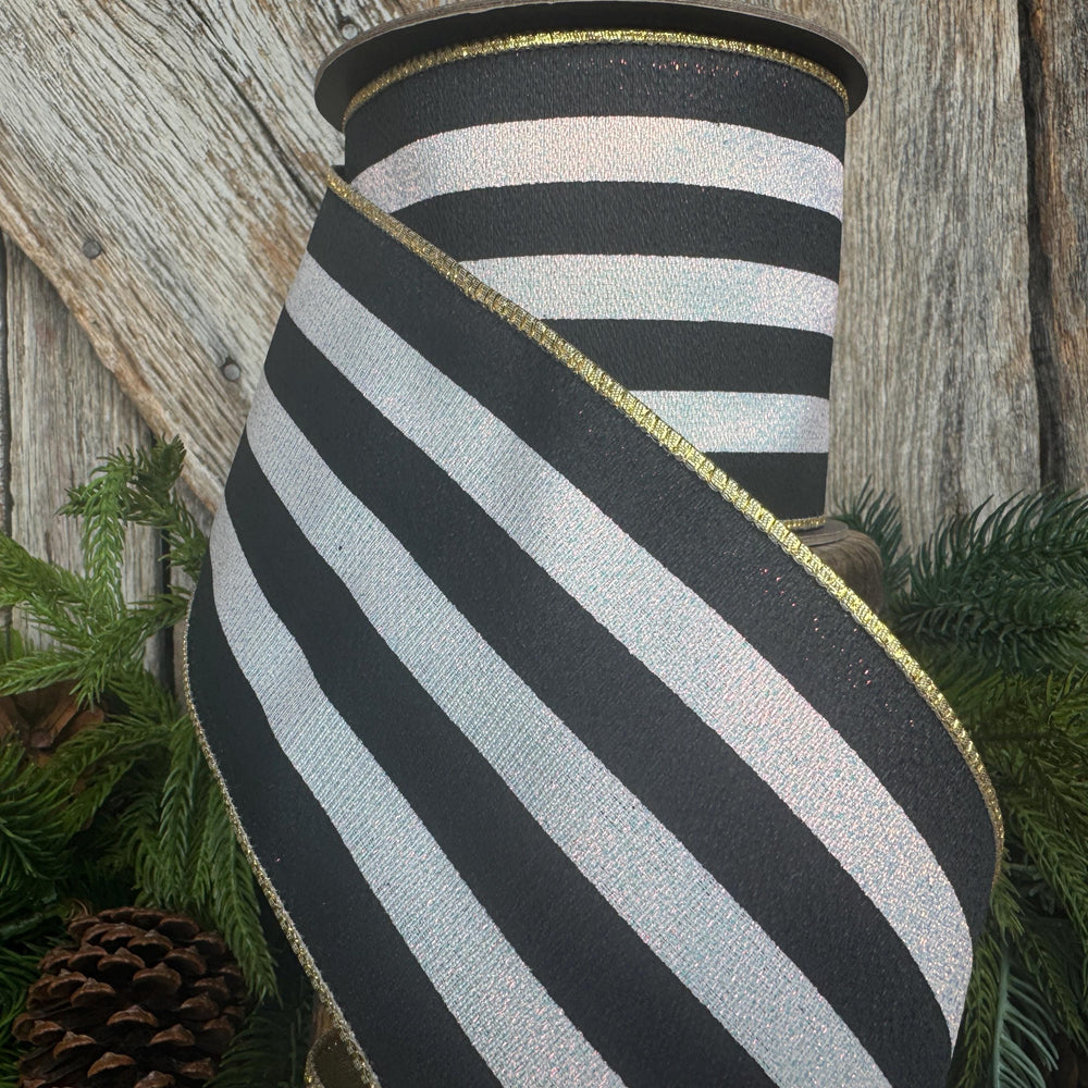 4" Black and White Sparkle Stripe Ribbon