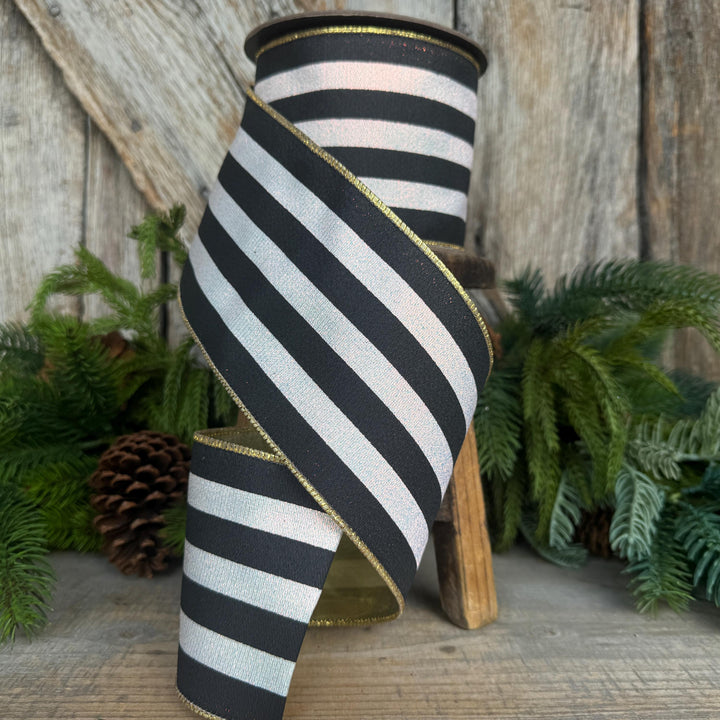 4" Black and White Sparkle Stripe Ribbon
