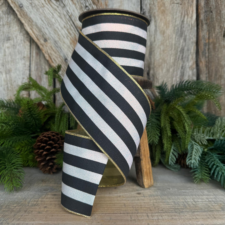 4" Black and White Sparkle Stripe Ribbon