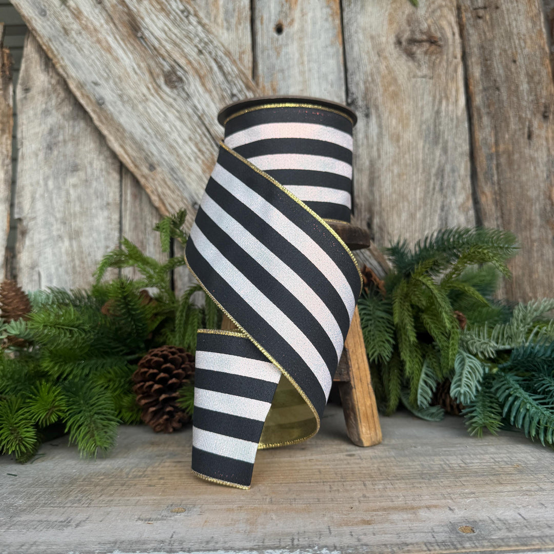 4" Black and White Sparkle Stripe Ribbon