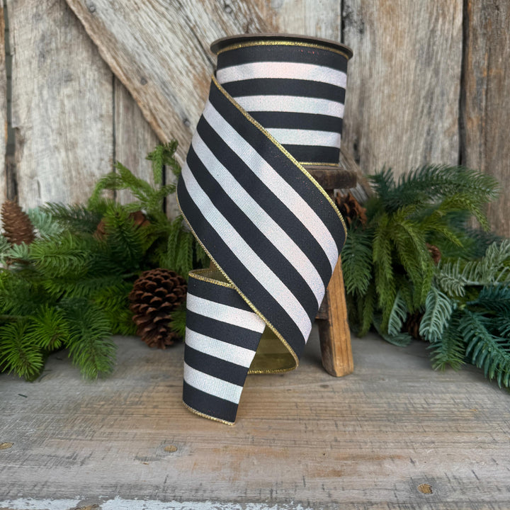 4" Black and White Sparkle Stripe Ribbon