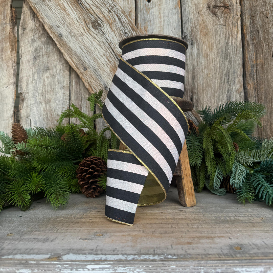 4" Black and White Sparkle Stripe Ribbon