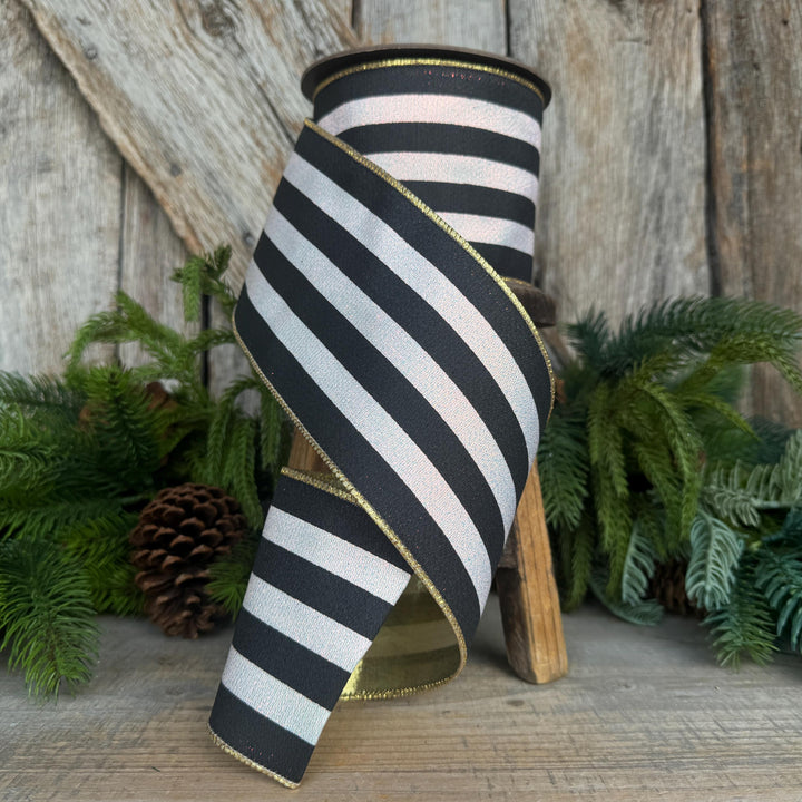 4" Black and White Sparkle Stripe Ribbon