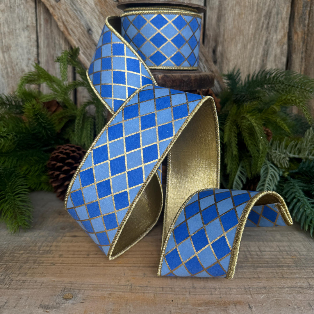 2.5" French Blue Harlequin Ribbon, Wired Ribbon, Designer Ribbon