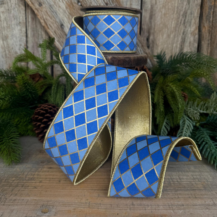 2.5" French Blue Harlequin Ribbon, Wired Ribbon, Designer Ribbon