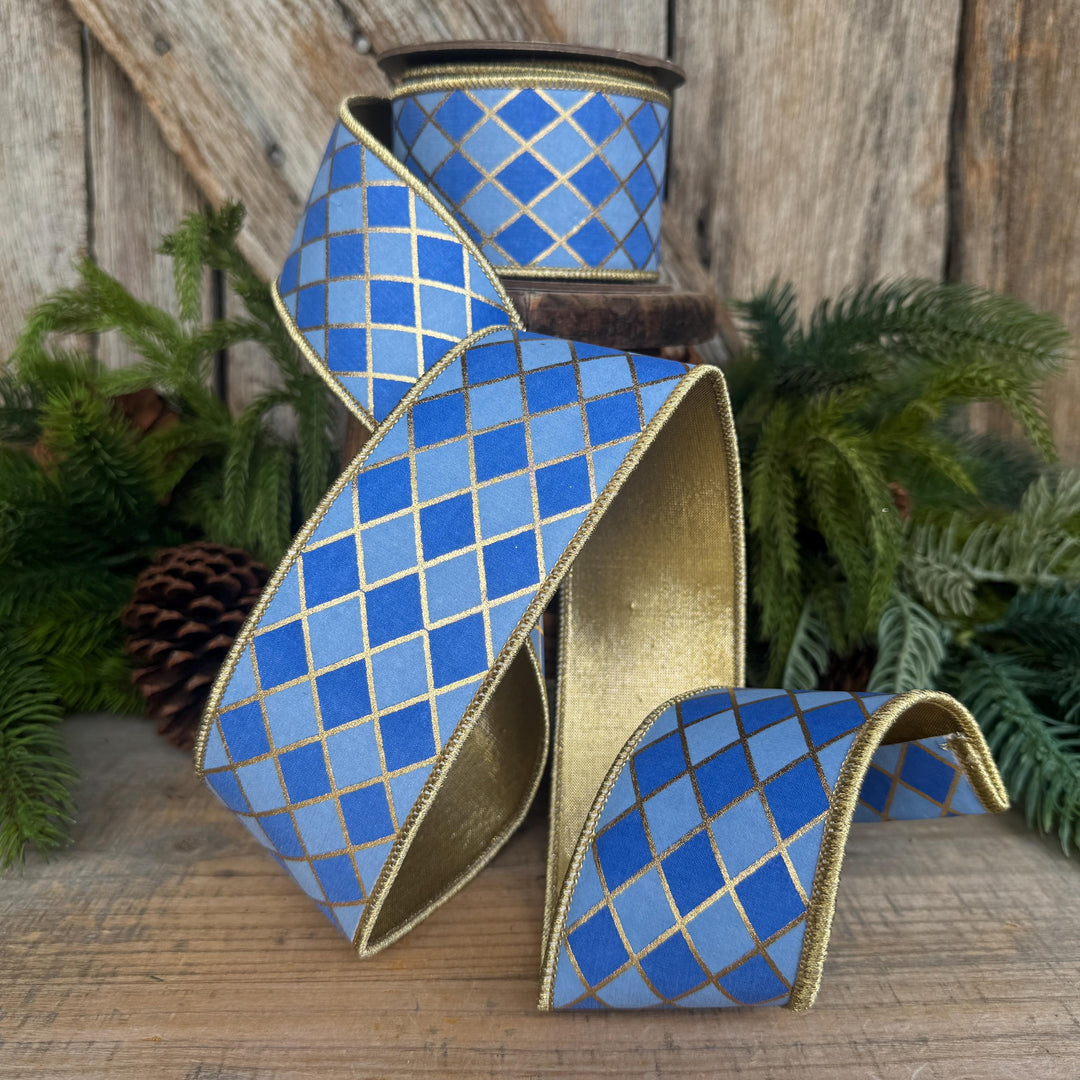 2.5" French Blue Harlequin Ribbon, Wired Ribbon, Designer Ribbon