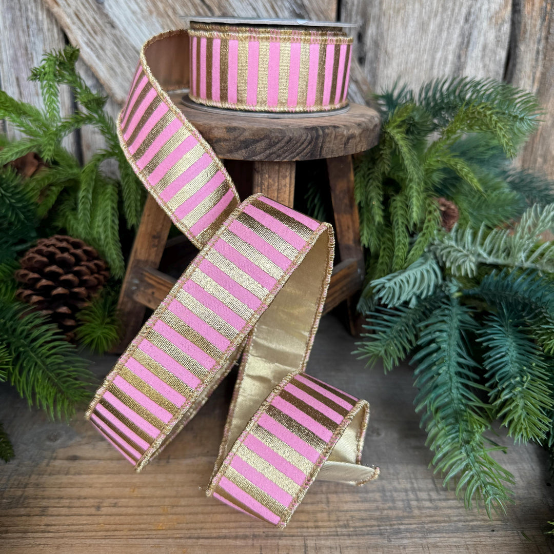 1.5" Pink Gold Ribbon, Pink &amp; Gold Stripe Ribbon, CHristmas Ribbon, Pink Ribbon, Metallic Gold, Christmas Tree Ribbon, Gift Wrap