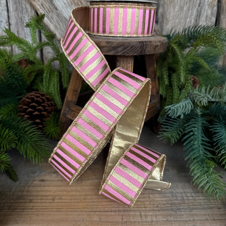 1.5" Pink Gold Ribbon, Pink &amp; Gold Stripe Ribbon