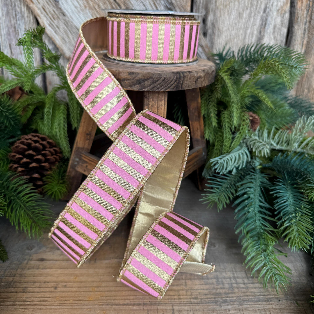 1.5" Pink Gold Ribbon, Pink &amp; Gold Stripe Ribbon, CHristmas Ribbon, Pink Ribbon, Metallic Gold, Christmas Tree Ribbon, Gift Wrap
