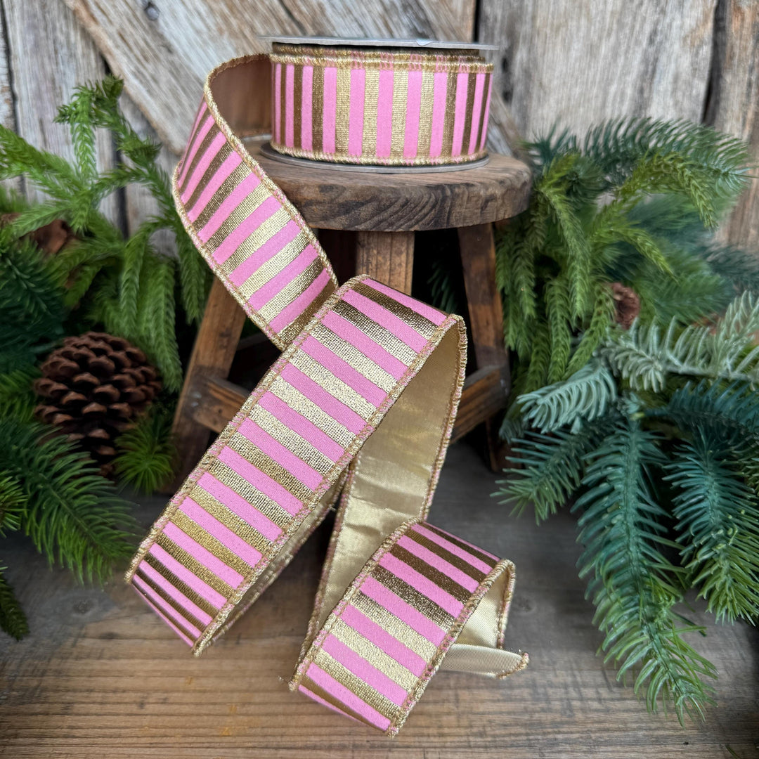 1.5" Pink Gold Ribbon, Pink &amp; Gold Stripe Ribbon, CHristmas Ribbon, Pink Ribbon, Metallic Gold, Christmas Tree Ribbon, Gift Wrap