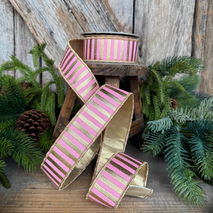 1.5" Pink Gold Ribbon, Pink &amp; Gold Stripe Ribbon