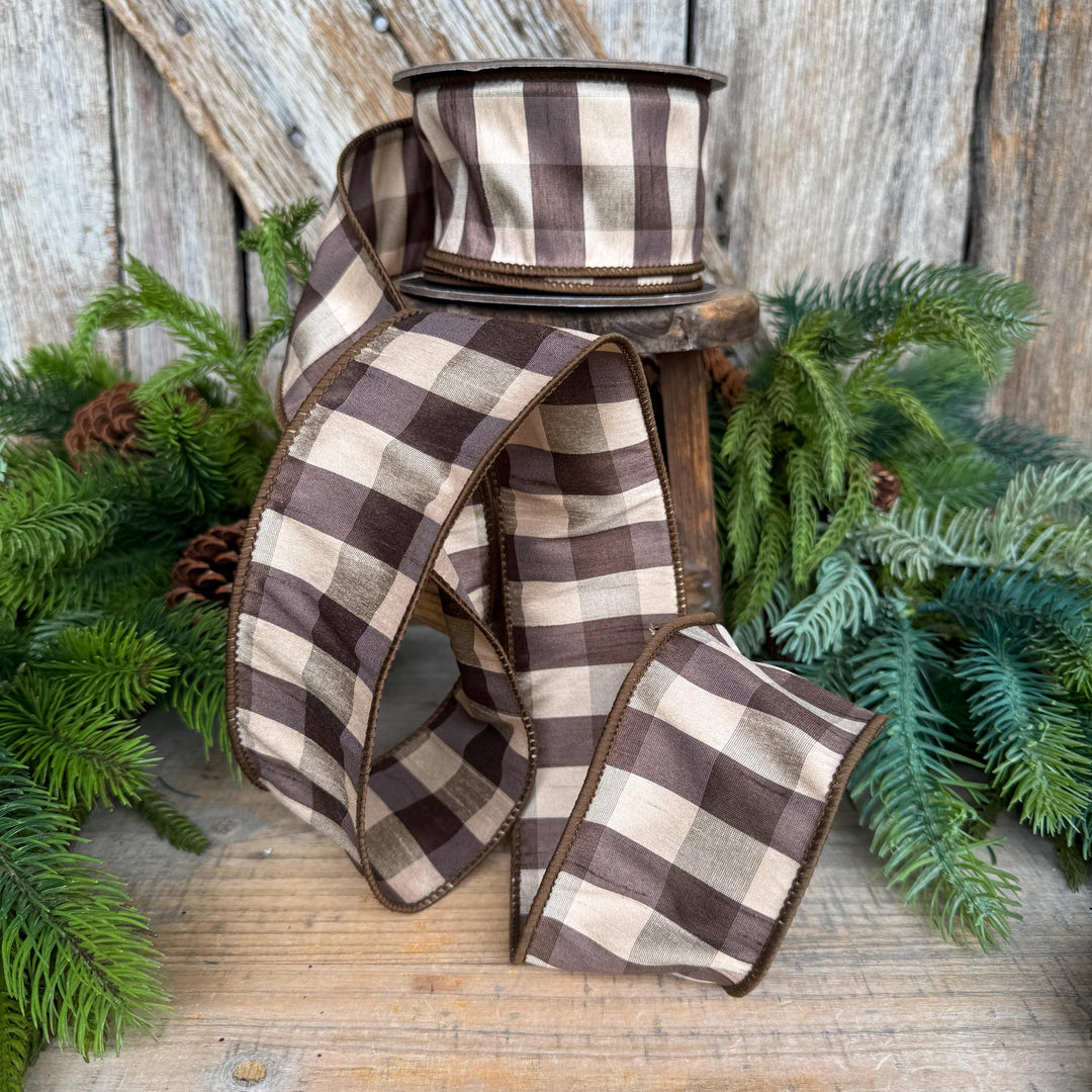 2.5" Brown Check Ribbon, Fall Ribbon, Christmas Ribbon, Woodsy Ribbon
