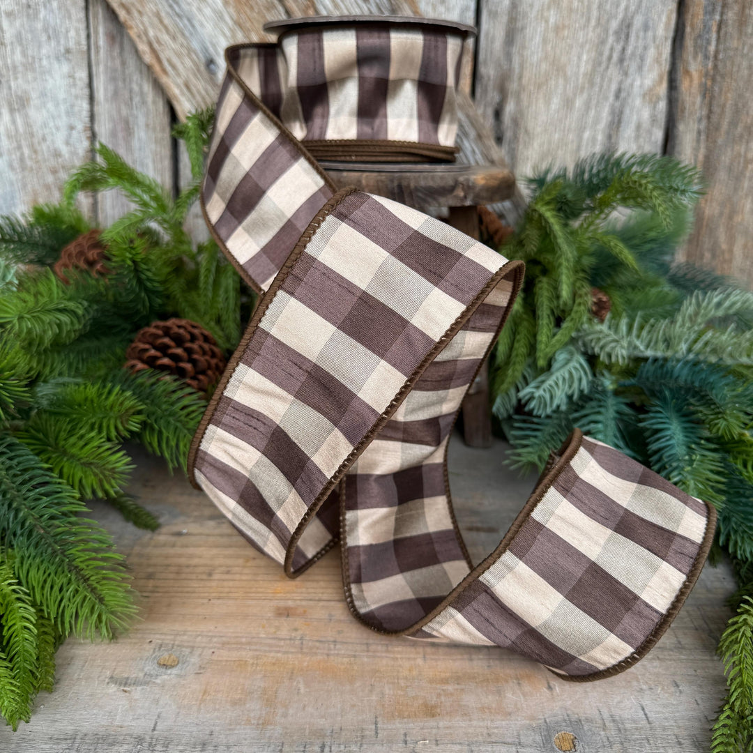 2.5" Brown Check Ribbon, Fall Ribbon, Christmas Ribbon, Woodsy Ribbon