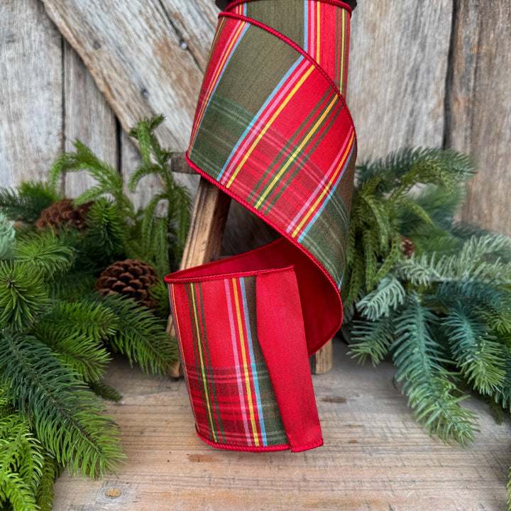 4" Traditional Christmas Plaid Ribbon, Wired Ribbon, Red Green Chirstmas Plaid RIbbon