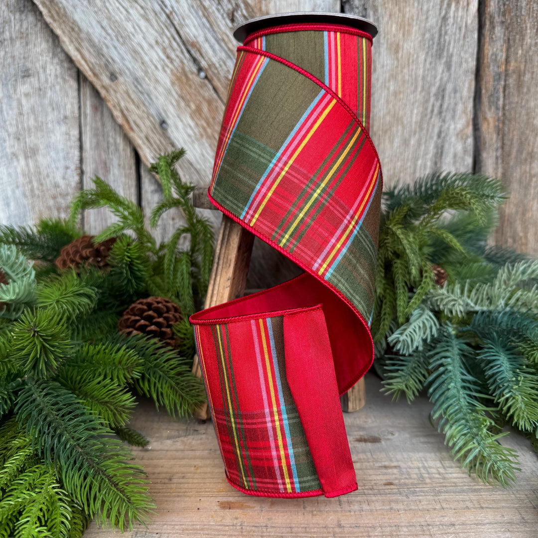 4" Traditional Christmas Plaid Ribbon, Wired Ribbon, Red Green Chirstmas Plaid RIbbon