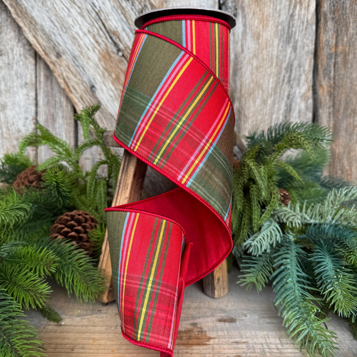 4" Traditional Christmas Plaid Ribbon, Wired Ribbon, Red Green Chirstmas Plaid RIbbon