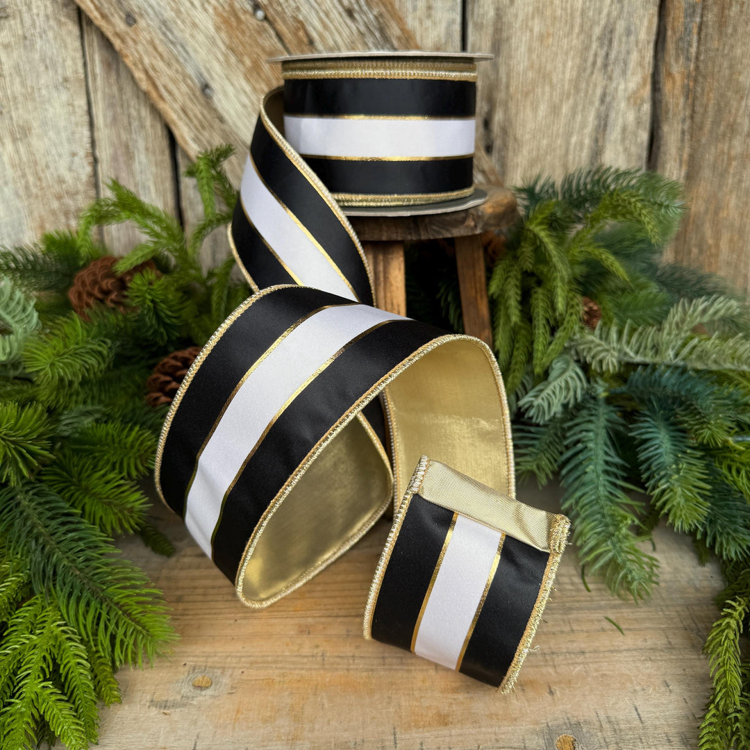 2.5" Black White Gold Stripe RIbbon