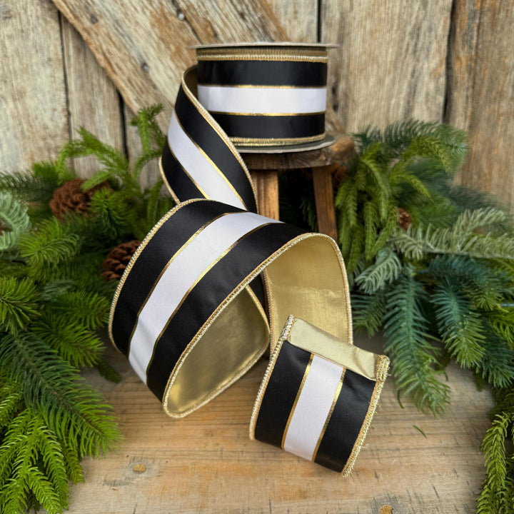 2.5" Black White Gold Stripe RIbbon