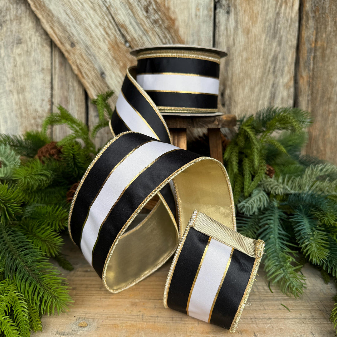 2.5" Black White Gold Stripe RIbbon