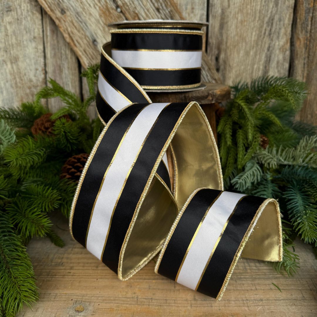2.5" Black White Gold Stripe RIbbon