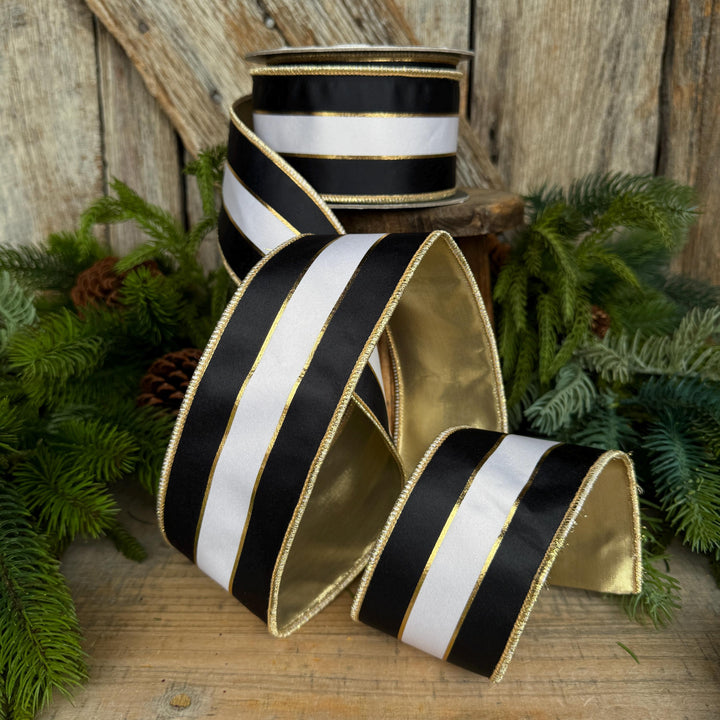 2.5" Black White Gold Stripe RIbbon