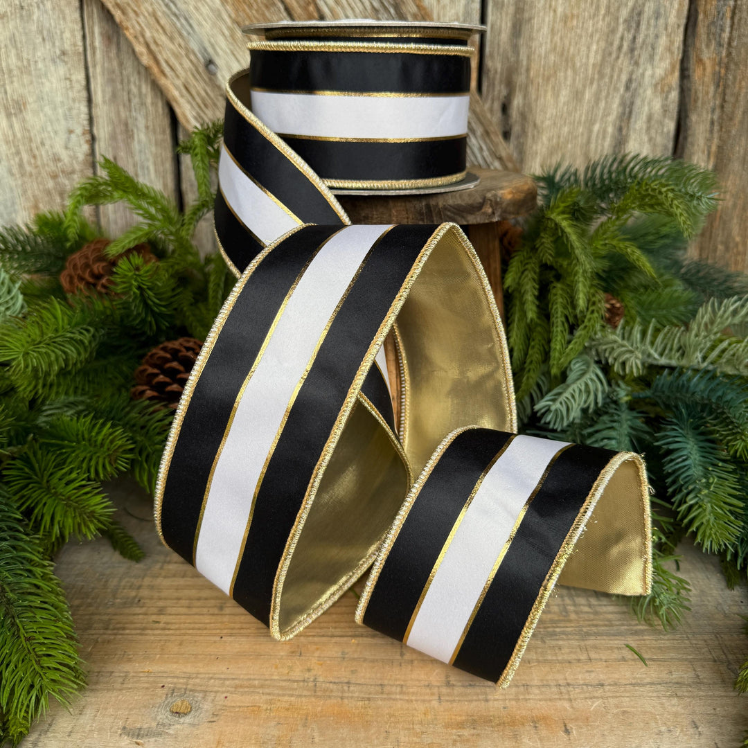 2.5" Black White Gold Stripe RIbbon