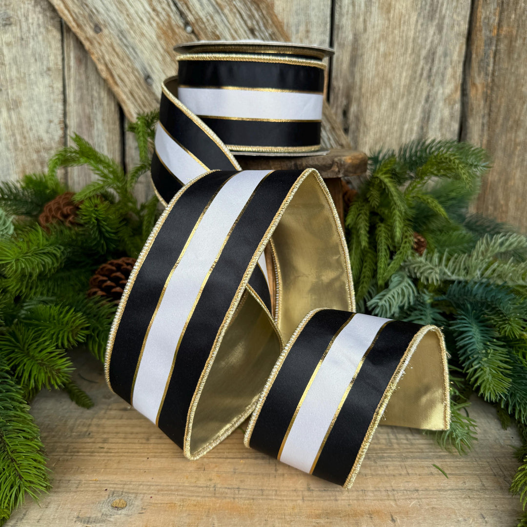 2.5" Black White Gold Stripe RIbbon