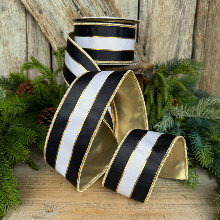 2.5" Black White Gold Stripe RIbbon